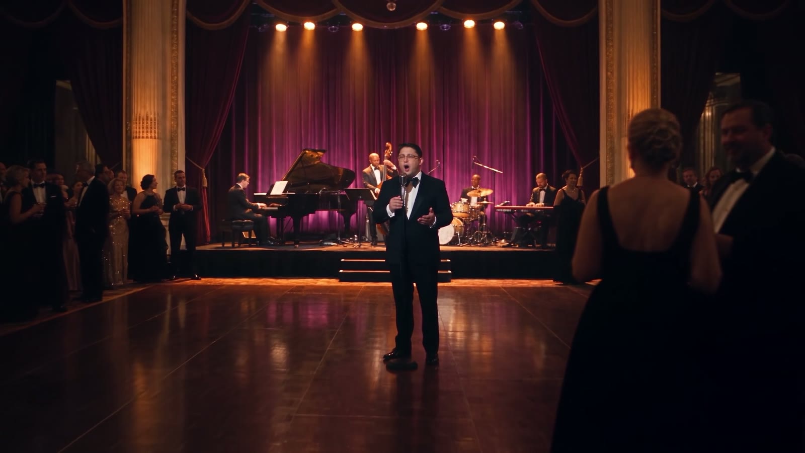 Lazar performing in a warmly lit ballroom with guests and live musicians